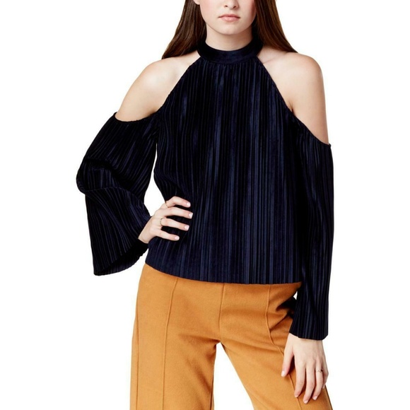 J.O.A. Tops - J.O.A. Velvet Pleated Cold Shoulder Top Navy M